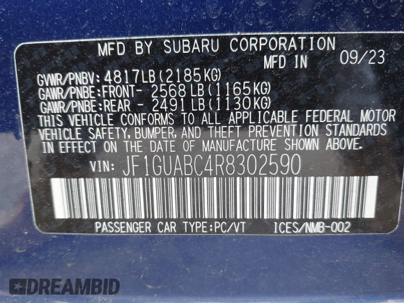 2024 Subaru Impreza with VIN JF1GUABC4R8302590, listed as a IAAI auction lot 42257875 with 14,842 mi miles and . Bid and sale history available at DreamBid. Image 9.