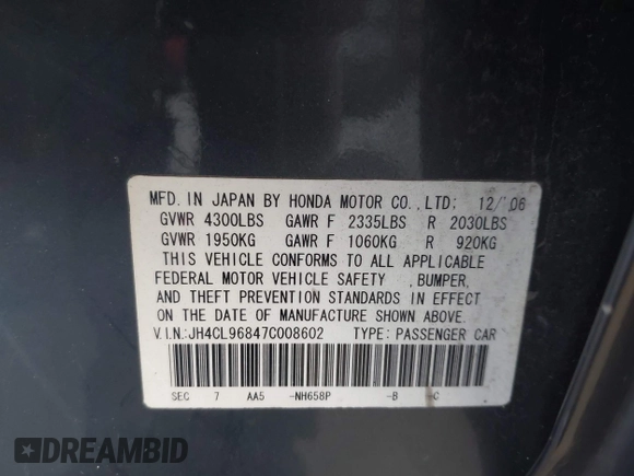 2007 Acura TSX with VIN JH4CL96847C008602, listed as a IAAI auction lot 42824401 with 165,073 mi miles and . Bid and sale history available at DreamBid. Image 9.