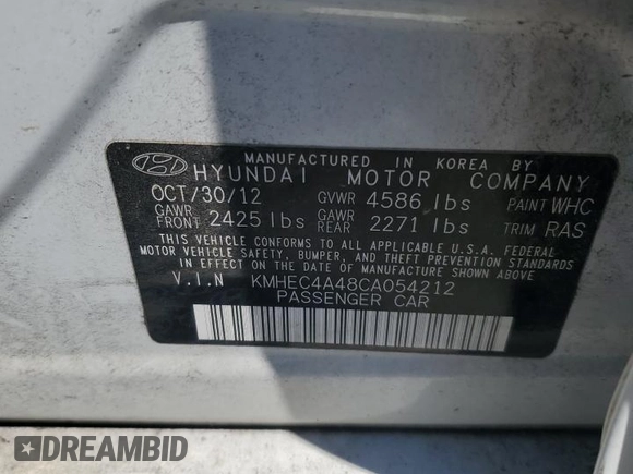 2012 Hyundai Sonata Hybrid with VIN KMHEC4A48CA054212, listed as a Copart auction lot 56938545 with Not provided miles and Salvage title. Bid and sale history available at DreamBid. Image 12.