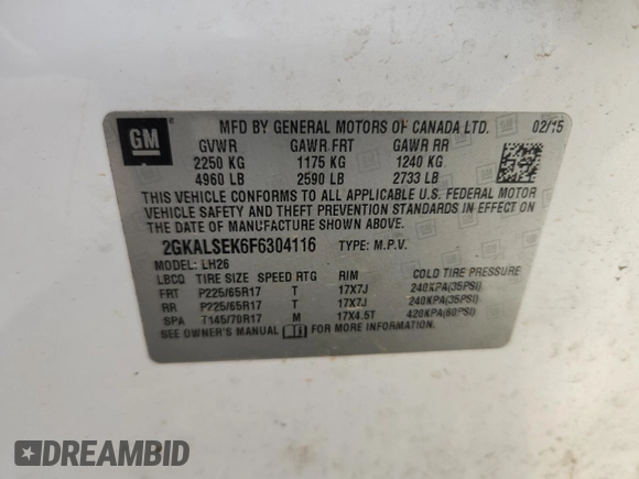 2015 GMC Terrain SLT with VIN 2GKALSEK6F6304116, listed as a Copart auction lot 63479055 with 216,461 mi miles and Salvage title. Bid and sale history available at DreamBid. Image 13.
