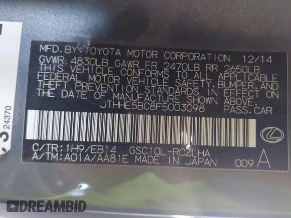 2015 Lexus RC 350 F Sport z VIN JTHHE5BC8F5003098, wystawiony jako IAAI lot #42067306 z przebiegiem 55 419 mil mil oraz . Historia ofert i sprzedaży dostępna na DreamBid. Obrazek 9.