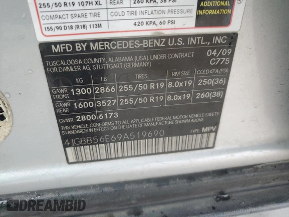2009 Mercedes-Benz M 3.5L with VIN 4JGBB56E69A519690, listed as a Copart auction lot 86431644 with 287,158 mi miles and Clean Title. Bid and sale history available at carsss.com. Image 13.