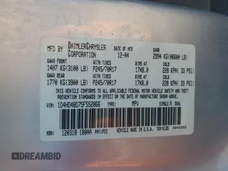 2005 Dodge Durango SLT с VIN 1D4HD48D75F552866, выставлен на аукционе Copart как лот 45792795 с пробегом 166 531 миль миль и Чистый • Clean title. История ставок и продаж доступна на DreamBid. Изображение 13.