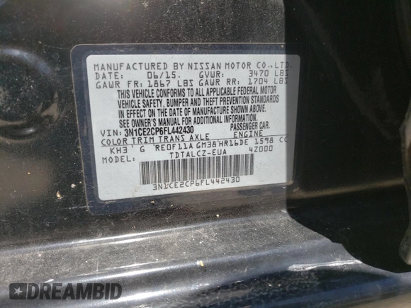 2015 Nissan Note S Plus with VIN 3N1CE2CP6FL442430, listed as a Copart auction lot 62165975 with 98,659 mi miles and Salvage title. Bid and sale history available at DreamBid. Image 12.