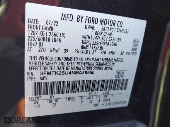 2022 Ford Mustang Mach-E California Route 1 with VIN 3FMTK2SU4NMA38950, listed as a IAAI auction lot 42087808 with 42,133 mi miles and . Bid and sale history available at DreamBid. Image 9.