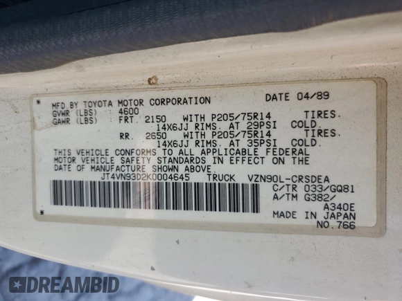 1989 Toyota Pickup с VIN JT4VN93D2K0004645, выставлен на аукционе Copart как лот 52051435 с пробегом 274 495 миль миль и Чистый • Clean title. История ставок и продаж доступна на DreamBid. Изображение 13.