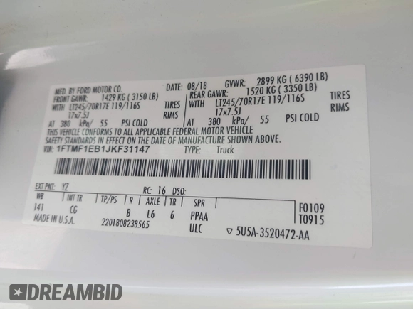 2018 Ford F-150 XL with VIN 1FTMF1EB1JKF31147, listed as a IAAI auction lot 41835268 with 94,337 mi miles. Bid and sale history available at carsss.com. Image 9.