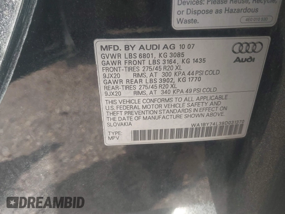 2008 Audi Q7 Premium with VIN WA1BY74L38D031370, listed as a IAAI auction lot 42422473 with 177,068 mi miles and . Bid and sale history available at DreamBid. Image 9.