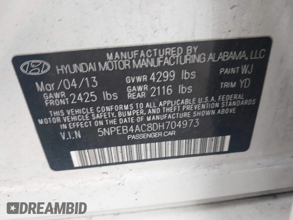 2013 Hyundai Sonata GLS with VIN 5NPEB4AC8DH704973, listed as a IAAI auction lot 41161470 with 127,902 mi miles and . Bid and sale history available at DreamBid. Image 9.