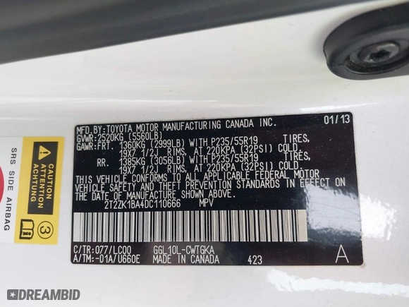 2013 Lexus RX 350 with VIN 2T2ZK1BA4DC110666, listed as a IAAI auction lot 38939764 with 78,178 mi miles. Bid and sale history available at carsss.com. Image 9.