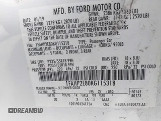 2019 Ford Taurus SEL with VIN 1FAHP2E80KG115318, listed as a IAAI auction lot 41627736 with 111,911 mi miles and . Bid and sale history available at DreamBid. Image 9.