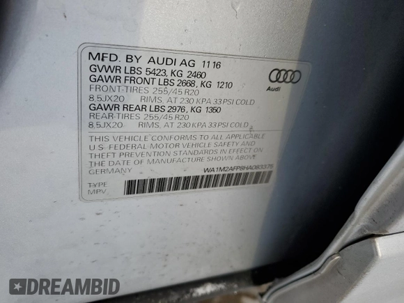 2017 Audi Q5 Premium Plus with VIN WA1M2AFP8HA083375, listed as a Copart auction lot 42129855 with 125,060 mi miles and Non Repairable. Bid and sale history available at carsss.com. Image 12.