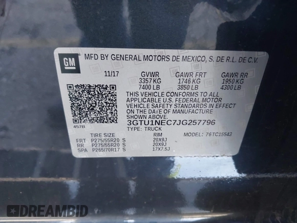 2018 GMC Sierra 1500 with VIN 3GTU1NEC7JG257796, listed as a IAAI auction lot 41570419 with 92,186 mi miles and . Bid and sale history available at DreamBid. Image 9.