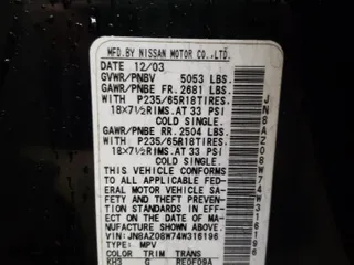 2004 Nissan Murano SL with VIN JN8AZ08W74W316196, listed as a Copart auction lot 80337184 with 209,137 mi miles and Salvage Title. Bid and sale history available at carsss.com. Image 12.