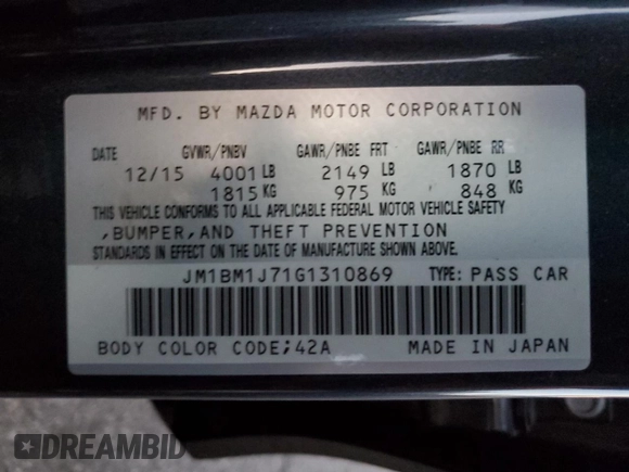 2016 Mazda 3 i Sport with VIN JM1BM1J71G1310869, listed as a Copart auction lot 86384774 with 98,893 mi miles and Salvage Title. Bid and sale history available at DreamBid. Image 12.