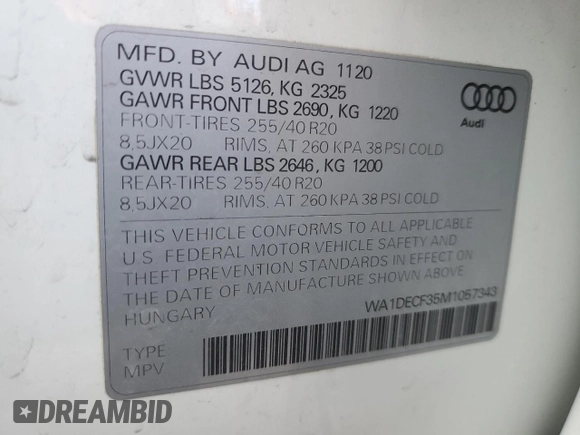 2021 Audi Q3 S line Premium with VIN WA1DECF35M1057343, listed as a Copart auction lot 49661305 with 40,580 mi miles and Salvage title. Bid and sale history available at DreamBid. Image 14.
