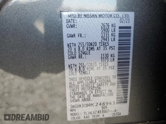 2023 Nissan Pathfinder SL with VIN 5N1DR3CD4PC248943, listed as a Copart auction lot 50991295 with 17,160 mi miles and Salvage title. Bid and sale history available at DreamBid. Image 13.