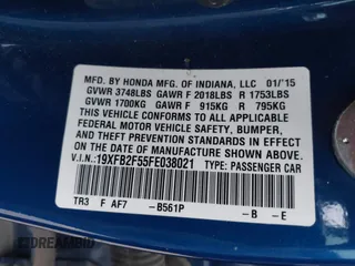 2015 Honda Civic LX with VIN 19XFB2F55FE038021, listed as a IAAI auction lot 42046984 with 109,155 mi miles. Bid and sale history available at carsss.com. Image 9.