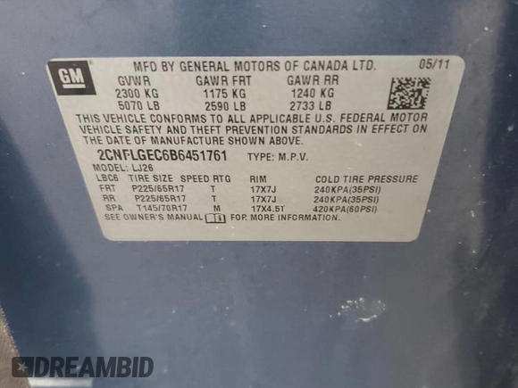 2011 Chevrolet Equinox LTZ with VIN 2CNFLGEC6B6451761, listed as a Copart auction lot 47014225 with 122,911 mi miles and Salvage Title. Bid and sale history available at carsss.com. Image 13.