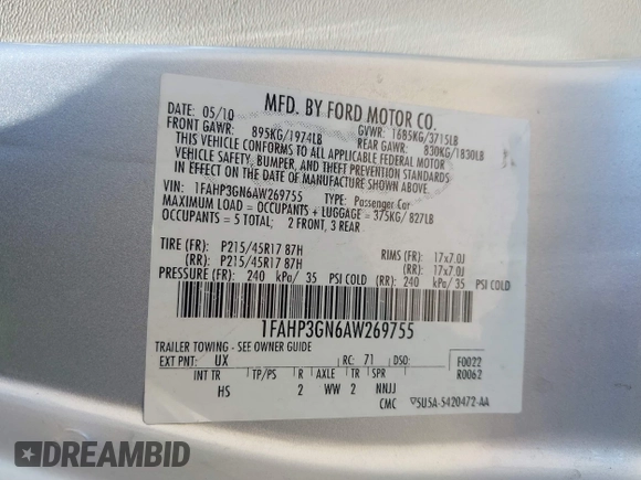 2010 Ford Focus SES with VIN 1FAHP3GN6AW269755, listed as a IAAI auction lot 42131011 with Not Provided miles and . Bid and sale history available at DreamBid. Image 9.