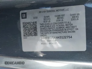 2019 Chevrolet Camaro 1LS with VIN 1G1FB1RX4K0122754, listed as a IAAI auction lot 41763543 with 91,704 mi miles and . Bid and sale history available at carsss.com. Image 9.