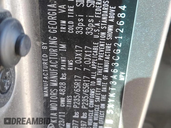 2012 Kia Sorento LX with VIN 5XYKT3A63CG212684, listed as a Copart auction lot 49747395 with Not Provided miles and Salvage Title. Bid and sale history available at DreamBid. Image 13.