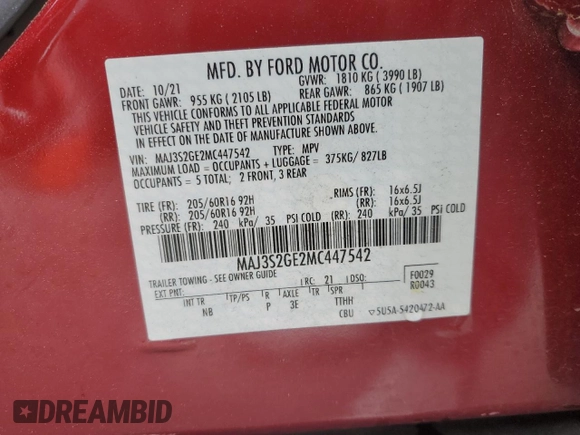 2021 Ford EcoSport SE with VIN MAJ3S2GE2MC447542, listed as a Copart auction lot 49314425 with 60,979 mi miles and Salvage Title. Bid and sale history available at DreamBid. Image 14.