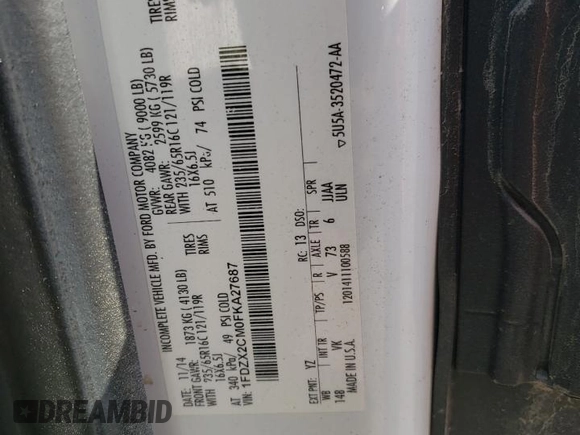 2015 Ford Transit XL с VIN 1FDZX2CM0FKA27687, выставлен на аукционе Copart как лот 62647305 с пробегом 71 613 миль миль и Чистый • Clean title. История ставок и продаж доступна на DreamBid. Изображение 13.