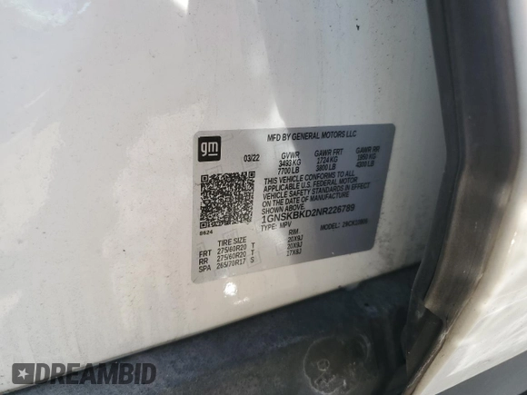 2022 Chevrolet Suburban LS z VIN 1GNSKBKD2NR226789, wystawiony jako Copart lot #54896545 z przebiegiem Nie podano mil oraz Nie do naprawy • Non repairable. Historia ofert i sprzedaży dostępna na DreamBid. Obrazek 13.