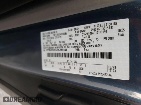 2024 Ford Transit Cargo with VIN 1FTBR1C85RKA59326, listed as a Copart auction lot 76836954 with 22,755 mi miles and Salvage Title. Bid and sale history available at DreamBid. Image 13.