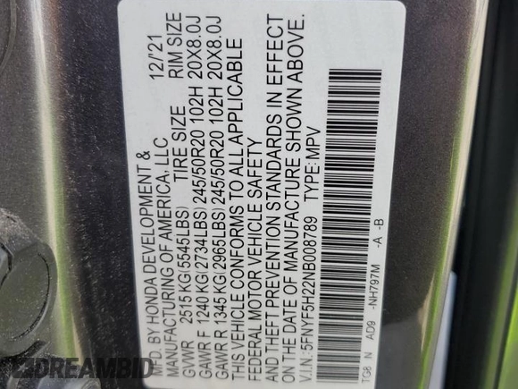 2022 Honda Pilot Special Edition z VIN 5FNYF5H22NB008789, wystawiony jako Copart lot #49162935 z przebiegiem 46 589 mil mil oraz Szkoda całkowita • Salvage title. Historia ofert i sprzedaży dostępna na DreamBid. Obrazek 13.