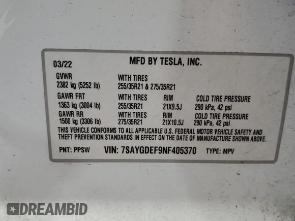 2022 Tesla Model Y Performance with VIN 7SAYGDEF9NF405370, listed as a Copart auction lot 43621095 with 52,292 mi miles and Salvage Title. Bid and sale history available at DreamBid. Image 12.