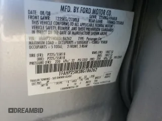 2008 Ford Taurus Limited with VIN 1FAHP25W38G186262, listed as a Copart auction lot 44364075 with 113,480 mi miles and Salvage Title. Bid and sale history available at DreamBid. Image 13.