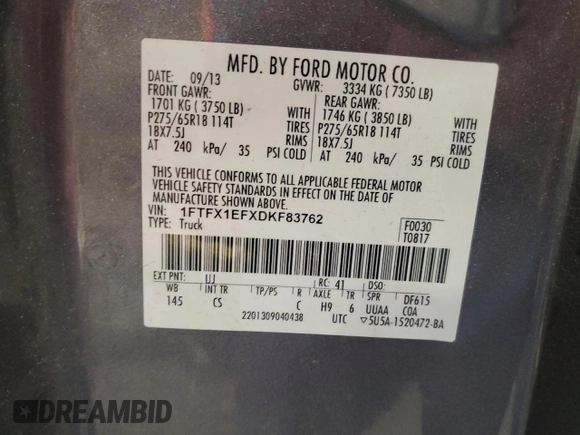 2013 Ford F-150 XL with VIN 1FTFX1EFXDKF83762, listed as a Copart auction lot 52330905 with 264,366 mi miles and Non Repairable. Bid and sale history available at DreamBid. Image 14.