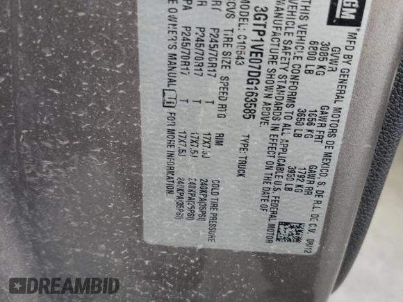 2013 GMC Sierra 1500 SLE with VIN 3GTP1VE07DG163585, listed as a Copart auction lot 55132615 with Not provided miles and Salvage title. Bid and sale history available at DreamBid. Image 12.