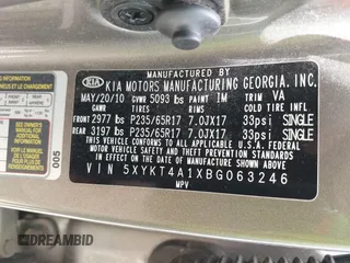 2011 Kia Sorento LX with VIN 5XYKT4A1XBG063246, listed as a IAAI auction lot 42019664 with 264,937 mi miles. Bid and sale history available at carsss.com. Image 9.