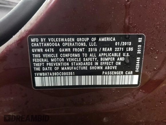 2013 Volkswagen Passat SE with VIN 1VWBH7A39DC090351, listed as a Copart auction lot 45760715 with 167,404 mi miles and Salvage Title. Bid and sale history available at carsss.com. Image 12.