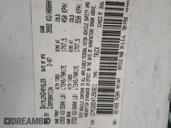 2007 Dodge Ram 2500 SLT with VIN 1D7KS28D47J583611, listed as a Copart auction lot 42685365 with 0 mi miles and Salvage Title. Bid and sale history available at carsss.com. Image 12.