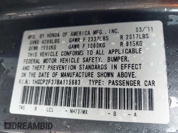 2011 Honda Accord LX with VIN 1HGCP2F37BA115683, listed as a IAAI auction lot 42475165 with 95,911 mi miles and . Bid and sale history available at DreamBid. Image 9.