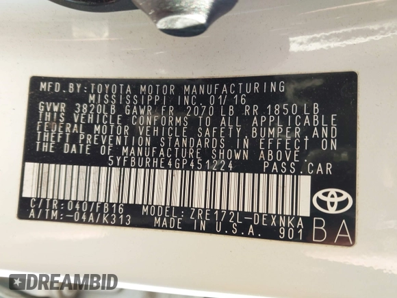 2016 Toyota Corolla L with VIN 5YFBURHE4GP451224, listed as a IAAI auction lot 41541182 with 62,945 mi miles and . Bid and sale history available at DreamBid. Image 9.