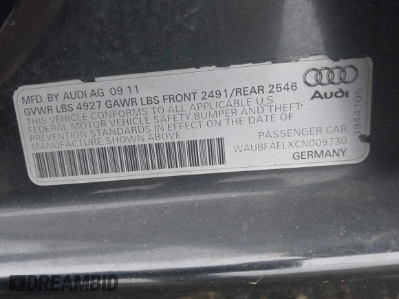 2012 Audi A4 Premium with VIN WAUBFAFLXCN009730, listed as a IAAI auction lot 42258840 with 136,325 mi miles and . Bid and sale history available at DreamBid. Image 9.