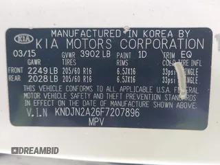 2015 Kia Soul with VIN KNDJN2A26F7207896, listed as a IAAI auction lot 41806999 with 122,235 mi miles. Bid and sale history available at carsss.com. Image 9.