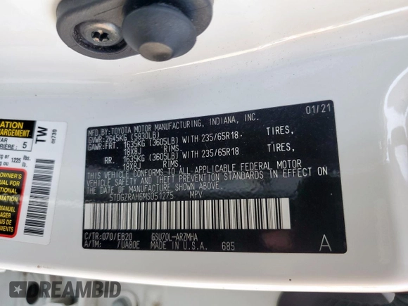2021 Toyota Highlander XLE with VIN 5TDGZRAH6MS051275, listed as a Copart auction lot 57674685 with 72,302 mi miles and Salvage title. Bid and sale history available at DreamBid. Image 13.