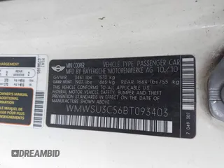 2011 MINI Hardtop with VIN WMWSU3C56BT093403, listed as a IAAI auction lot 42795188 with 123,454 mi miles and . Bid and sale history available at DreamBid. Image 9.