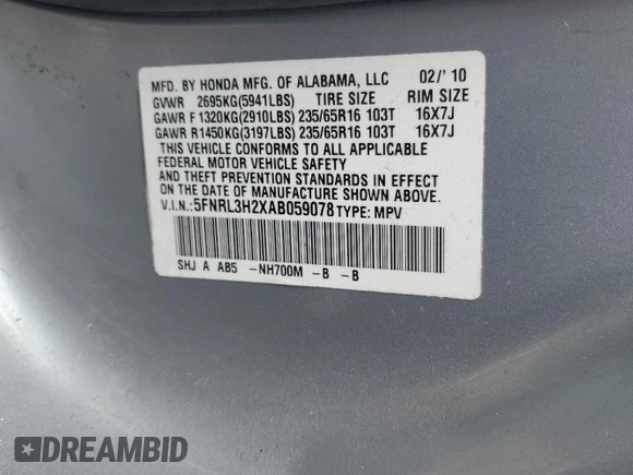 2010 Honda Odyssey LX with VIN 5FNRL3H2XAB059078, listed as a Copart auction lot 61144895 with 116,724 mi miles and Salvage title. Bid and sale history available at DreamBid. Image 12.