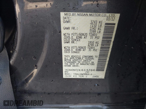 2012 Nissan Armada SV z VIN 5N1BA0ND5CN613266, wystawiony jako IAAI lot #42219986 z przebiegiem 223 319 mil mil oraz . Historia ofert i sprzedaży dostępna na DreamBid. Obrazek 9.