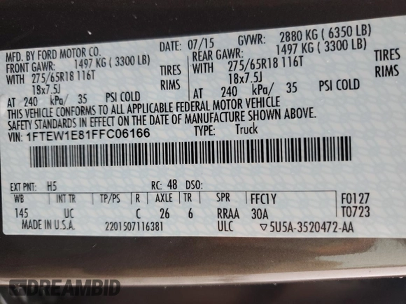 2015 Ford F-150 XLT z VIN 1FTEW1E81FFC06166, wystawiony jako Copart lot #49778225 z przebiegiem Nie podano mil oraz Szkoda całkowita • Salvage title. Historia ofert i sprzedaży dostępna na DreamBid. Obrazek 14.
