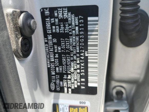 2013 Kia Sorento LX with VIN 5XYKT4A27DG391137, listed as a Copart auction lot 65649105 with 129,027 mi miles and Clean title. Bid and sale history available at DreamBid. Image 13.