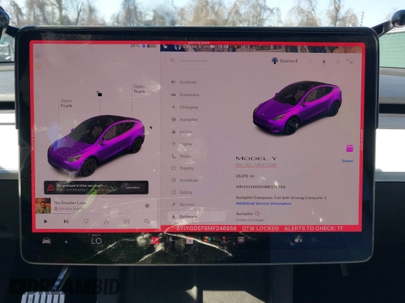 2021 Tesla Model Y Performance with VIN 5YJYGDEF8MF246658, listed as a IAAI auction lot 41679793 with 28,015 mi miles and . Bid and sale history available at DreamBid. Image 17.