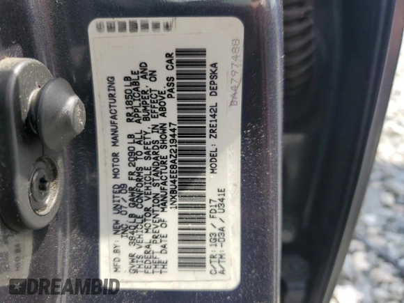 2010 Toyota Corolla z VIN 1NXBU4EE8AZ219447, wystawiony jako Copart lot #58332295 z przebiegiem 120 222 mil mil oraz Szkoda całkowita • Salvage title. Historia ofert i sprzedaży dostępna na DreamBid. Obrazek 12.